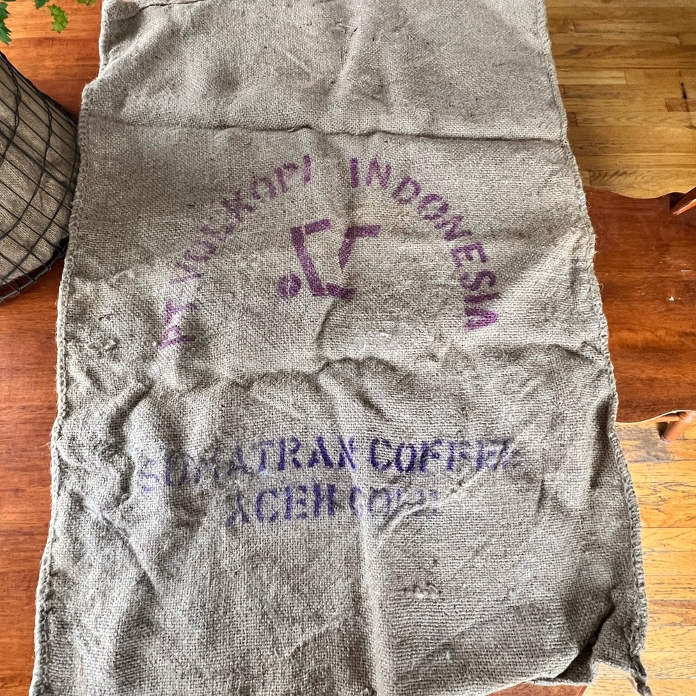 Burlap Coffee Sack with Purple Print